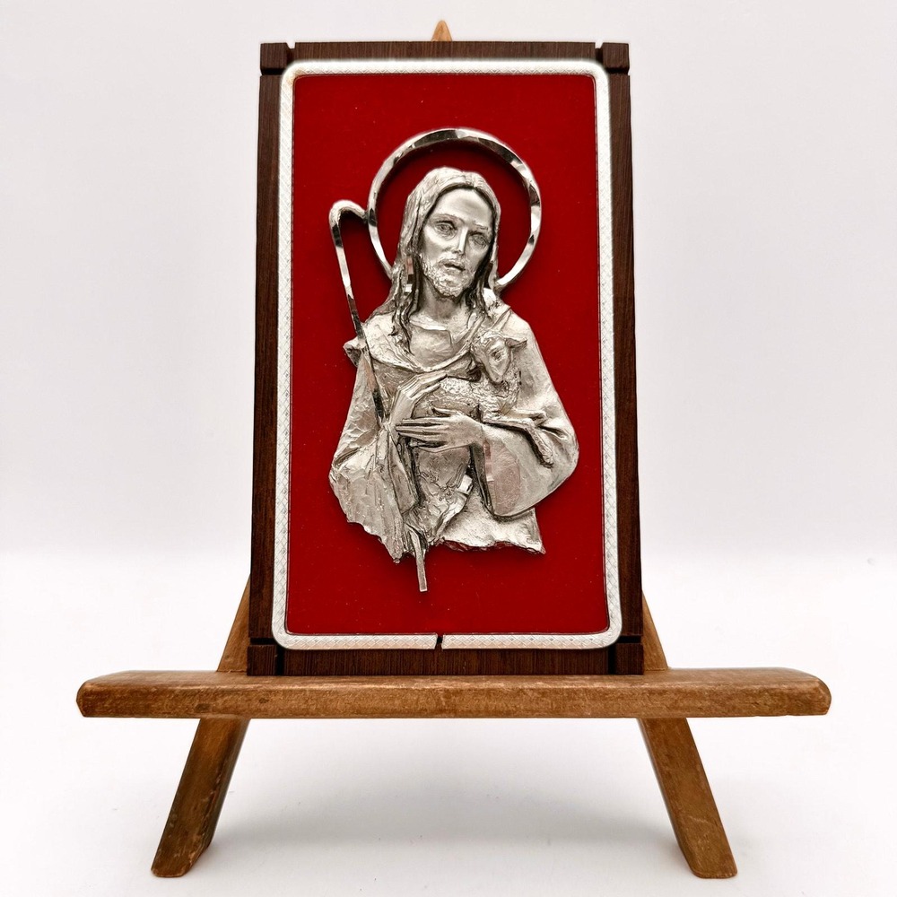 Vintage Italian Pewter Jesus Plaque Red Velvet by Peltro Italy– Good Shepherd 6" - Picture 2 of 9
